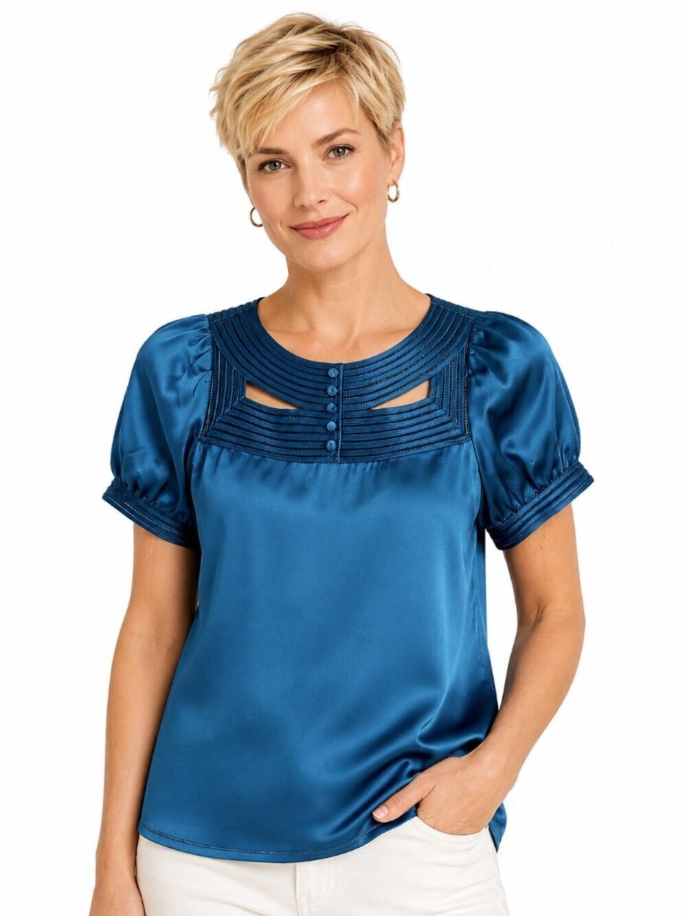 See by Chloe Teal Blue Silk Short Sleeve Blouse